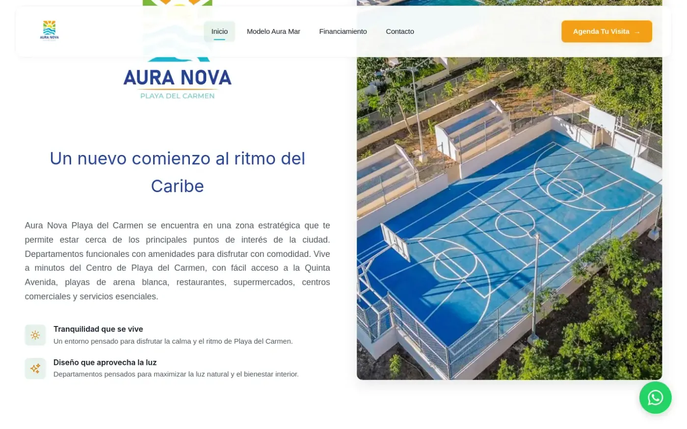 Aura Nova Playa Homepage with Hero and Form