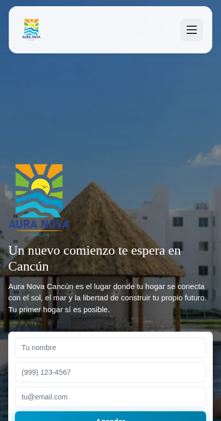 Mobile view of the Aura Nova Cancún website