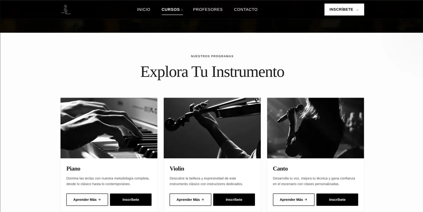 Desktop view of the Academia Claroscuro website: Our Courses