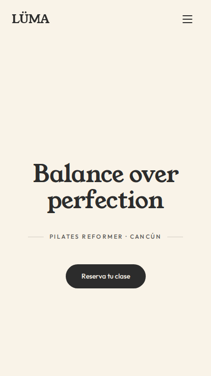 Mobile view of the LÜMA Pilates website