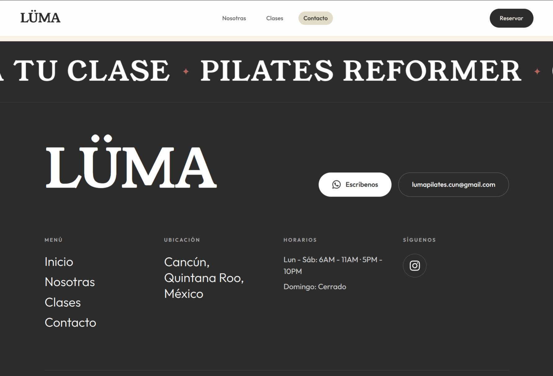 Desktop screenshot of LÜMA Pilates: Footer & Contact